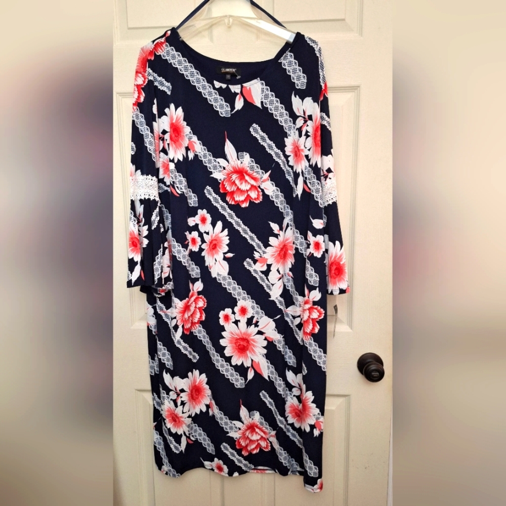 Glamour Womens Plus Sheath Dress Navy Blue W/White Pink Flowers Tulip Sleeve 20W